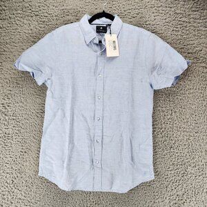 Vustra Shirt Mens Medium Light Blue Linen Blend Short Sleeve Button Up *NWT*